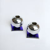Chrome and Cobalt Blue Glass Candle Holders